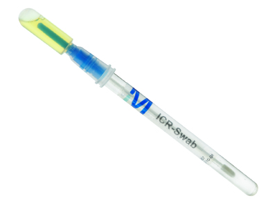 An ICR swab with a sterile tip, used for detecting contamination on surfaces in isolators and cleanrooms.