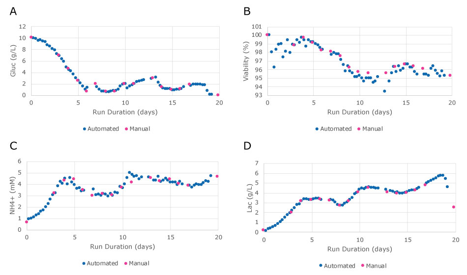 A comparison of automated and manual sampling for measurements of glucose (A), cell viability (B), ammonium (C), and lactate (D) showed that four times more data were collected.