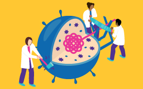  Illustration of scientists cutting open the cell and extracting the DNA inside, all while breaking up any unwanted DNA.