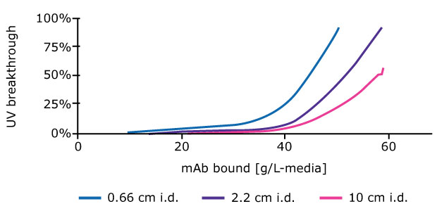 a graph illustrating UV breakthrough as a function of monoclonal antibody (mAb) bound in grams per liter of media. The x-axis represents the mAb bound, ranging from 0 to 60 g/L-media, while the y-axis indicates the percentage of UV breakthrough, ranging from 0% to 100%. Three curves are plotted, each representing different inner diameters (i.d.) of chromatography columns: 0.66 cm (blue), 2.2 cm (purple), and 10 cm (pink).