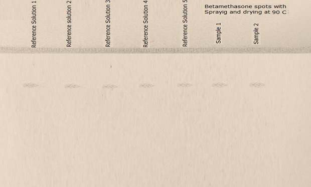 A thin-layer chromatography (TLC) plate, visualized under daylight after spraying with test solution, followed by drying at 90˚C, in buff color. A line is drawn at the top, with tracks labeled above it. The plate shows faintly colored seven distinct spots at same position: five labeled as reference solution 1, 2, 3, 4, and 5 respectively (from left to right) and the last two on the right labeled as sample solution 1 and 2. 