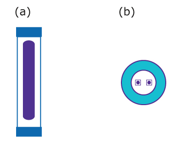 Bactericidal UV lamps Illustration of two different types of bactericidal UV lamps. Lamp a) is a long cylindrical tube with blue caps on both ends and a purple inner core. Lamp b) is a circular lamp with a blue outer ring and two small purple dots in the center.