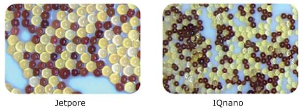 Illustration of the various ion-exchange beads used in Milli-Q® systems Close-up view of Jetpore (left) and IQnano (right) mixed-bed ion exchange resins, showcasing colored, spherical particles and demonstrating that IQnano beads are smaller than Jetpore beads