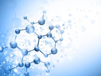 A digital illustration of interconnected organic molecules against a light blue background, symbolizing organic molecules in water 