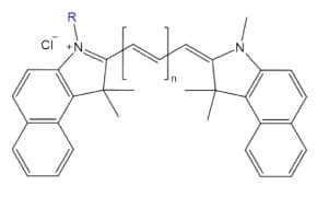 Cyanine n.5 Fluorophore Structure with Variable Carbon Linker Black-on-white structure of Cyanine n.5 shows two aromatic rings linked by a variable carbon chain, with charged N, Cl⁻, and a blue R group for variability.