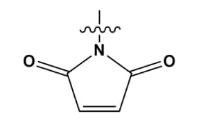 Structure of Fluorophore Maleimide Black line drawing of maleimide showing a five-membered ring with nitrogen, two opposite carbonyls, and a wavy line above the nitrogen.