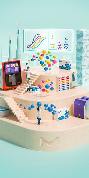 CGI graphic showing a platform with 3 levels. Above the levels is a floating screen showing data with S-curve line graphs and box-and-whisker plots. The top level shows a Millipore kit box with a large number of floating beads. This level represents the MILLIPLEX® screening multiplex panel. A female scientist with a white lab coat is carrying one of the beads down a flight of stairs to the 2nd level, representing how researchers can transition from the screening kits to the MILLIPLEX® qualified multiplex panels. The floating beads are following her down. Next to the stairs is an enlarged xMAP® INTELLIFLEX® instrument and under the stairs is another Millipore kit box. A smaller group of beads can be seen floating on the 2nd level, as well as an enlarged well plate and multi-channel pipette on the sides of the level. Another flight of stairs is seen going to a 3rd bottom level that is slightly hidden. An enlarged single channel pipette and the top of the ultrasensitive SMCxPRO<sup>®</sup> instrument is shown.