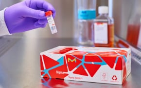 A gloved hand reaches into the tissue culture hood from the top left side of the image. It is holding a MilliShot vial that it has removed from the open box of product in the foreground. The box has vials in it, with the caps visible. In the background, on the right, is a bottle of cell culture media next to a Stericup filter.