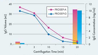 Concentration of rabbit IgG with Amicon Ultra-15 devices. The IgGs were purified using Montage PRSEP-A pr PROSEP-G Antibody Purification Kits. The lines show IgG volume reduction, while the bars show a proportional increase in IgG concentration after 20 min of centrifugation time.