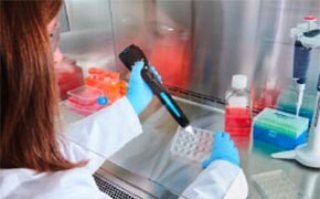 Scientist counting cells using an automated handheld Coulter counter