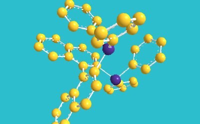 BINAP的三维结构。磷原子用紫色表示，碳原子用黄色表示。该手性配体是在各种不对称转化中最常用的配体之一。