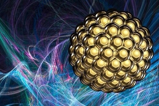 Computer illustration of a spherical gold nanoparticle floating through abstract background.