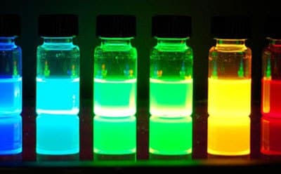 从蓝色到绿色再到黄色和红色，量子点试剂瓶显示发光的颜色是与尺寸相关的。
