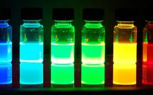 Vials of quantum dots ranging from blue to green to yellow and red to show the color emitted is size-dependent.