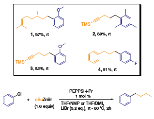 The range of substrates successfully applied in the Negishi reaction for sp3(RX)–sp2(RZnX) couplings includes both electron donating and electron withdrawing substituents on the arylzinc reaction partner.