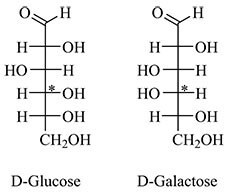 Structural formulae of glucose and galactose.