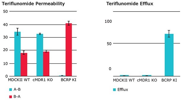 Permeability (Papp) and efflux ratio (ER) of hBCRP substrate Teriflunomide in wild type