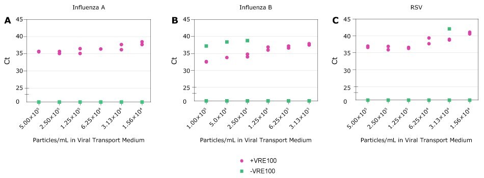 Detection of RNA Viruses. A-C, Ct values for Influenza A, Influenza B, and RSV obtained with decreasing amounts of viral particles in Viral Transport Medium in the presence (purple) or absence (green) of Viral RNA Extraction Buffer. Each condition was run in duplicate. Samples not detected are represented as zero on the Y axis. Detection of RNA Viruses. A-C, Ct values for Influenza A, Influenza B, and RSV obtained with decreasing amounts of viral particles in Viral Transport Medium in the presence (purple) or absence (green) of Viral RNA Extraction Buffer. Each condition was run in duplicate. Samples not detected are represented as zero on the Y axis.