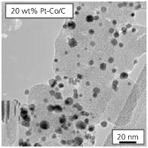 TEM image of a Pt/C electrode. The smaller, darker particles are the Pt catalysts and the larger spherical particles are the carbon supports. Ionomer surrounding the catalyst and support provides a pathway for proton transfer. TEM image of a Pt/C electrode.
