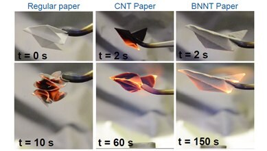 Flame-resistance of BNNT compared to regular paper and CNT buckypaper