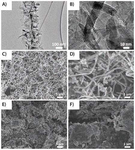 (A) and (B) TEM images of MnO2-GNRs (MG); (C) and (D) SEM images of MG; and (E) and (F) GMG. Reprinted with permission from Adv. Mater. 2013, 25, 6298–6302. Copyright 2013 John Wiley and Sons. TEM images