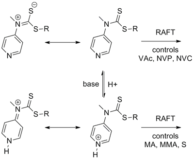 Differences in the canonical forms of protonated and deprotonated N-methyl, N-(4-pyridyl)dithiocarbamates. When protonated the agents can control polymerization of MAMs (such as Sty, MA, MMA) and then when deprotonated, the RAFT agents can effectively control polymerization of LAMs (such as VAc, NVP and NVC).1, 9