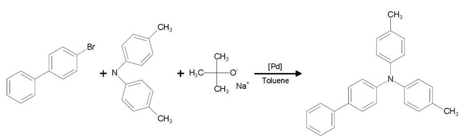 Schematic reaction showing the coupling of aryl bromide (1) and diphenylamine (2) to form biphenyl-4-yl-di-p-tolyl-amine (3), where the product has a molecular weight of 349.468 g/Mol.
