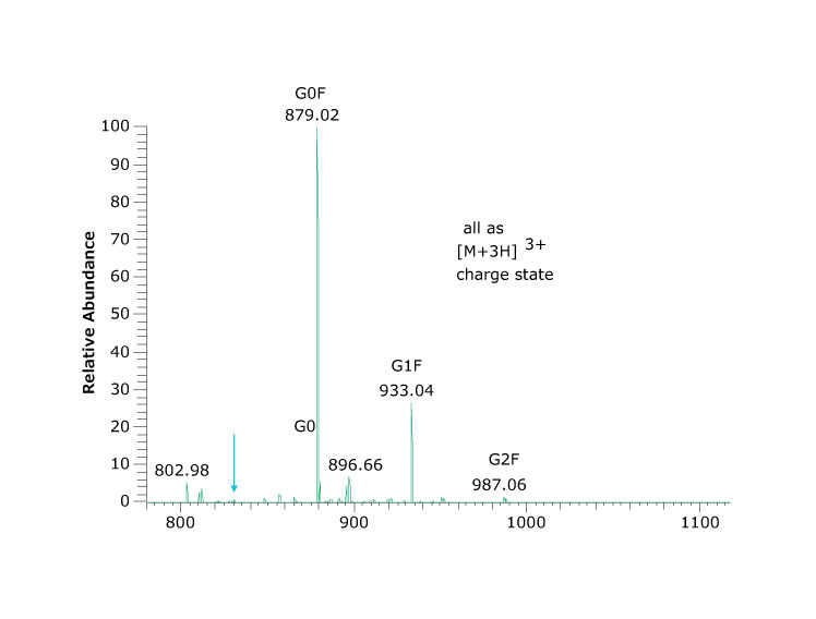 Spectrum (top) and percent abundance (bottom) of glycans found at asparagine N301 Spectrum (top) and percent abundance (bottom) of glycans found at asparagine N301