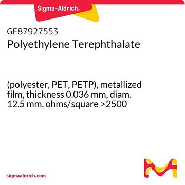 Polyethylene Terephthalate (polyester, PET, PETP), metallized film, thickness 0.036 mm, diam. 12.5 mm, ohms/square >2500