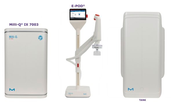 Milli-Q&#174; IX Pure Water System with E-POD&#174; Dispenser output: type 2 water (> 5&#160;M&#937;·cm), input: potable tap water, The most advanced pure water system for the production of Elix&#174; quality water at a flow rate of 3 L/h, with E-POD&#174; pure water dispenser.