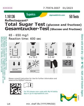 Total Sugar Test (glucose and fructose) reflectometric, 65-650&#160;mg/L (total sugar test - glucose and fructose), for use with REFLECTOQUANT&#174;