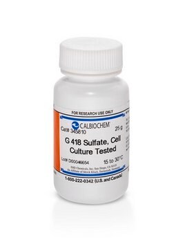 G 418 Sulfate, Cell Culture Tested G418 also known as Geneticin&#174; is an aminoglycoside antibiotic related to Gentamicin. Used as a selective agent in transfection of eukaryotic cells. Has highest potency &#8805;730 &#181;g/mg and purity &#8805;98%.