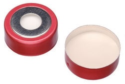 Vial crimp seals, BiMetal (magnetic), 20 mm, with PTFE/silicone septa, pkg 100 green seal, PTFE/silicone septa, diam. × thickness 20 mm × 3 mm