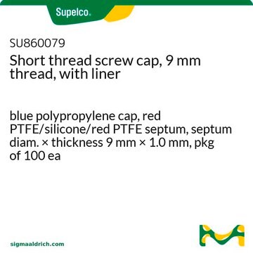 Short thread screw cap, 9 mm thread, with liner blue polypropylene cap, red PTFE/silicone/red PTFE septum, septum diam. × thickness 9 mm × 1.0 mm, pkg of 100 ea