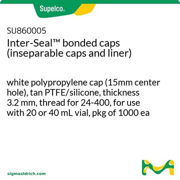 Interseal™ 粘合盖（盖和衬管无法分开） white polypropylene cap (15mm center hole), tan PTFE/silicone, thickness 3.2 mm, thread for 24-400, for use with 20 or 40 mL vial, pkg of 1000 ea