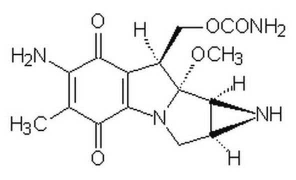 Mitomycin C, Streptomyces caespitosus, Carrier-Free Antibiotic and carcinostatic agent. Inhibits DNA synthesis by cross-linking DNA at guanine and adenine residues; disrupts base pairing. Induces apoptosis in gastric cancer cells.