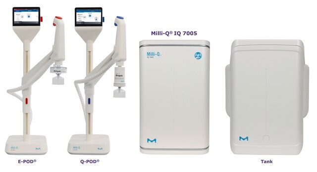 Milli-Q&#174; IQ 7005 Ultrapure and Pure Water Purification System Produces ultrapure (Type 1) water and pure (Type 2) water with a production flow rate of 5 L/hr from tap water feed.