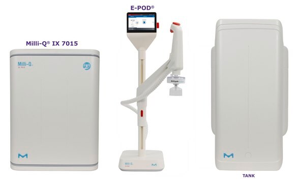 Milli-Q&#174; IX Pure Water System with E-POD&#174; Dispenser input: potable tap water, output: type 2 water (> 5&#160;M&#937;·cm), The most advanced pure water system for the production of Elix&#174; quality water at a flow rate of 15 L/h, with E-POD&#174; pure water dispenser.